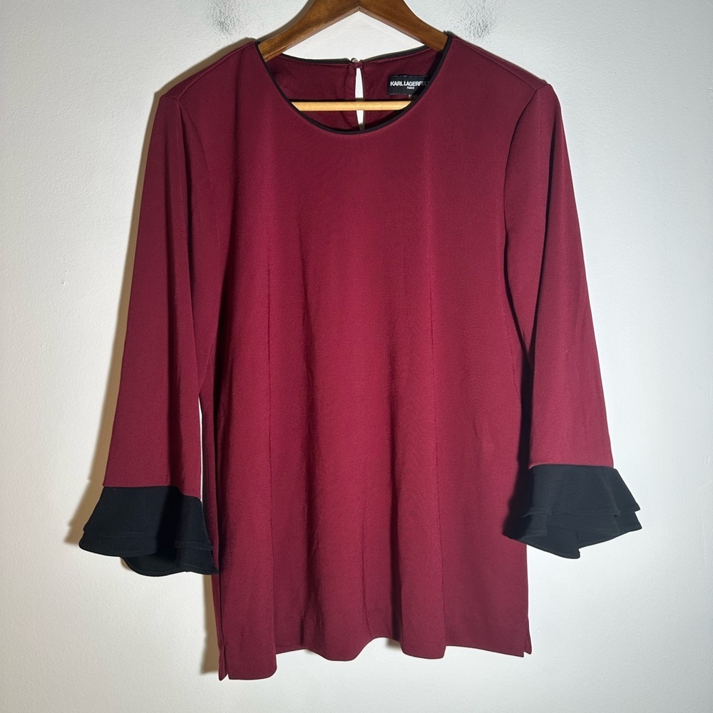 Karl Lagerfeld Burgundy Blouse with Black Ruffle Sleeves